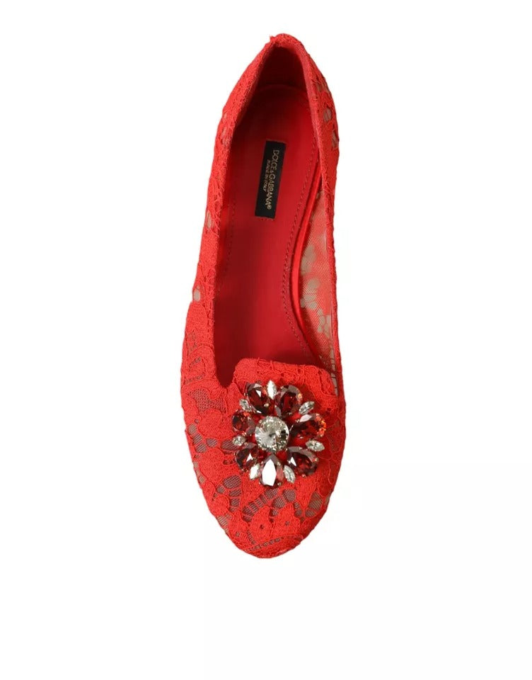 Dolce & Gabbana Red Lace Crystal Ballet Loafers Shoes EU39 / US8.5