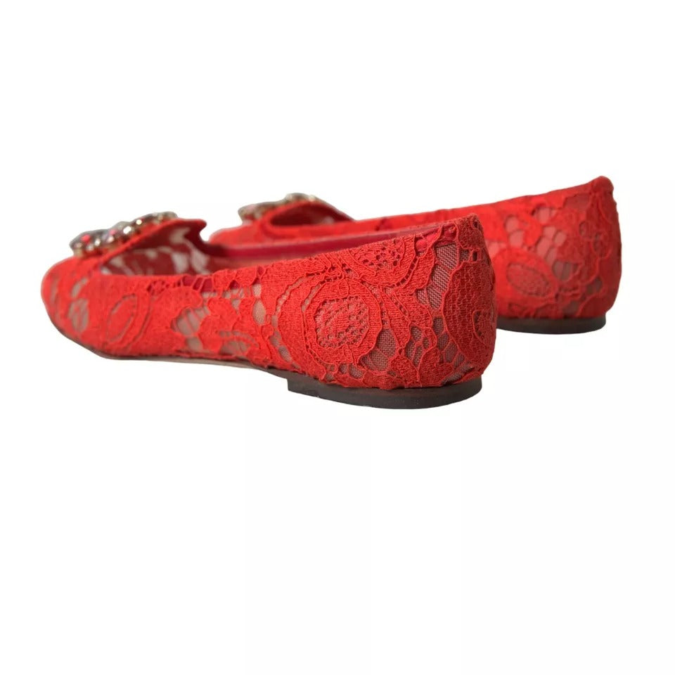 Dolce & Gabbana Red Lace Crystal Ballet Loafers Shoes EU39 / US8.5