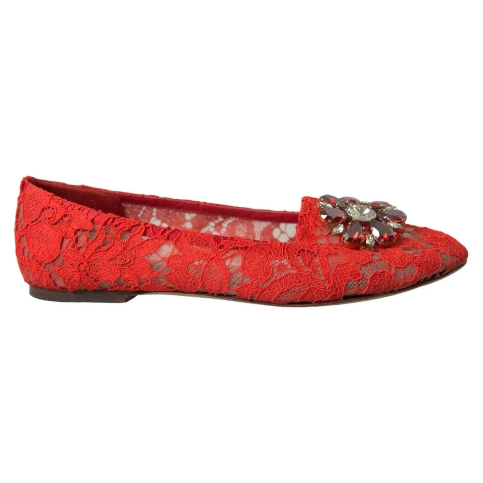 Dolce & Gabbana Red Lace Crystal Ballet Loafers Shoes EU39 / US8.5