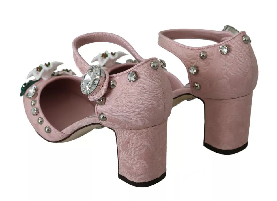 Dolce & Gabbana Pink Brocade Crystal Lily Ankle Strap Shoes EU37 / US6.5