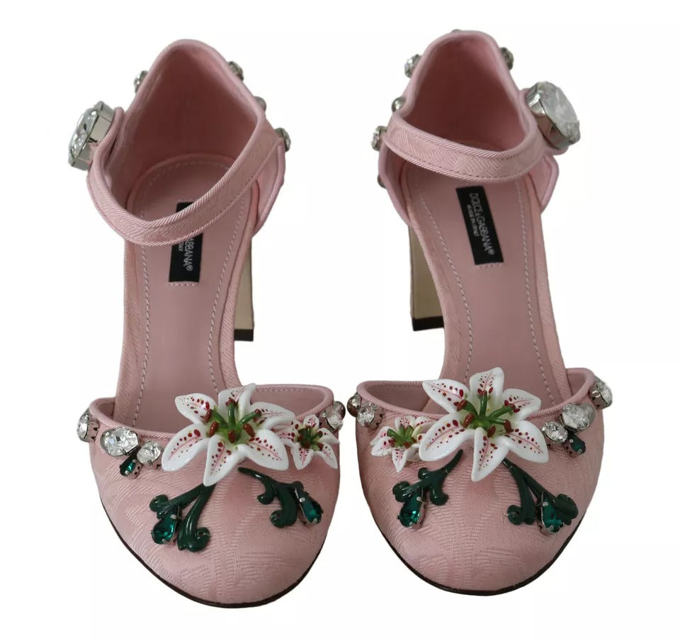 Dolce & Gabbana Pink Brocade Crystal Lily Ankle Strap Shoes EU37 / US6.5