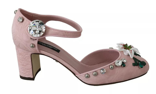 Dolce & Gabbana Pink Brocade Crystal Lily Ankle Strap Shoes EU37 / US6.5