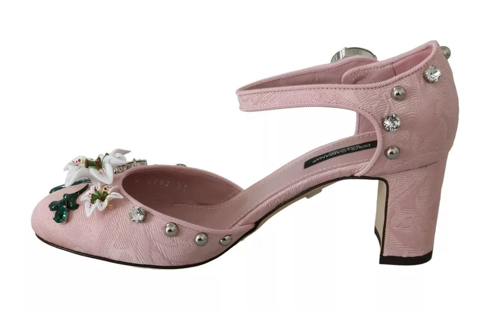 Dolce & Gabbana Pink Brocade Crystal Lily Ankle Strap Shoes EU37 / US6.5