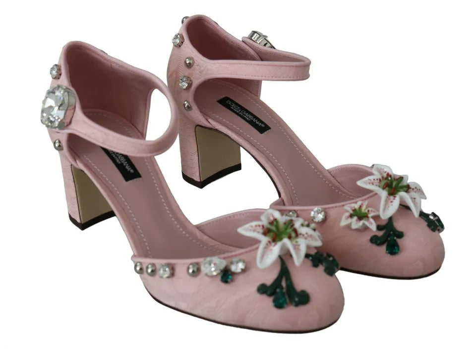 Dolce & Gabbana Pink Brocade Crystal Lily Ankle Strap Shoes EU37 / US6.5