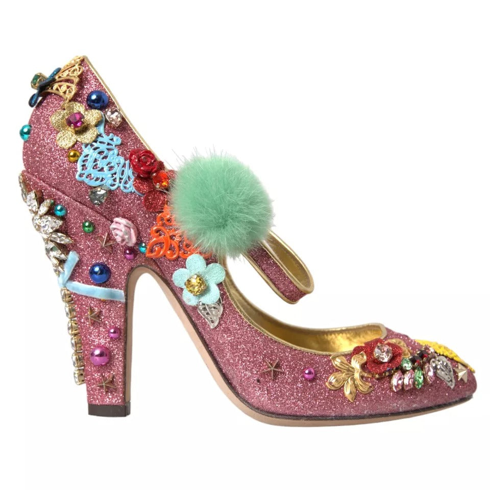 Dolce & Gabbana Pink Embellished Fur Mary Jane Pumps Shoes EU39 / US8.5