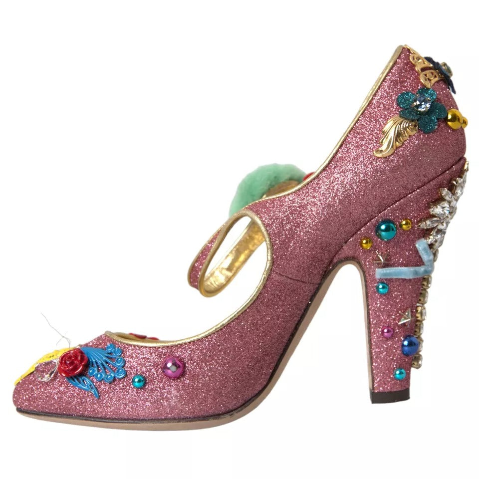 Dolce & Gabbana Pink Embellished Fur Mary Jane Pumps Shoes EU39 / US8.5