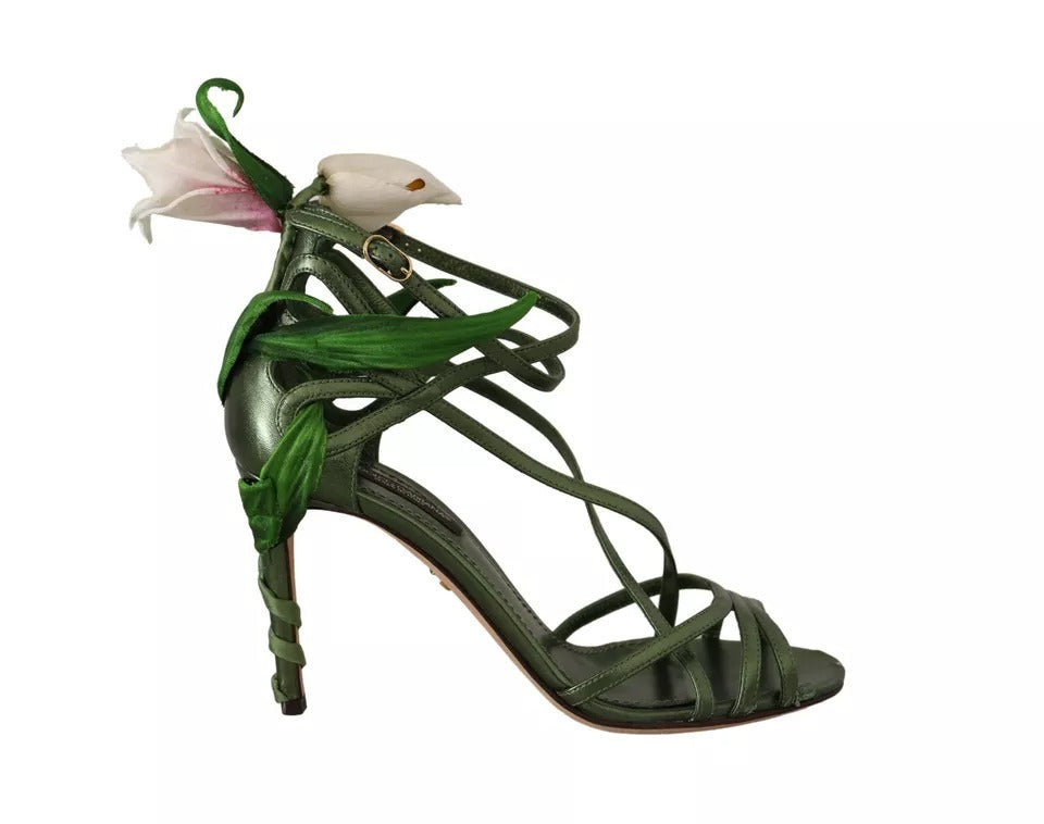 Dolce & Gabbana Acid Green Leather Strappy Flower Heels Sandals Shoes EU35/US4.5