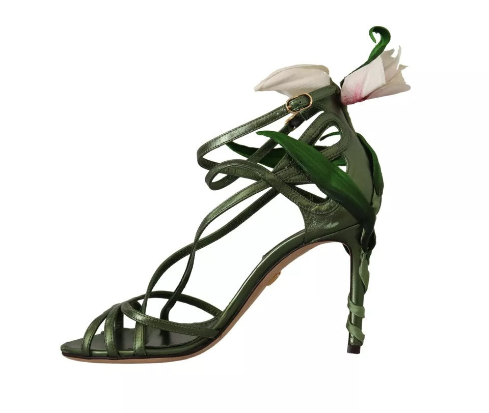 Dolce & Gabbana Acid Green Leather Strappy Flower Heels Sandals Shoes EU35/US4.5