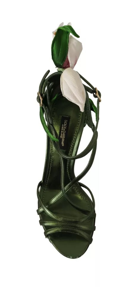 Dolce & Gabbana Acid Green Leather Strappy Flower Heels Sandals Shoes EU35/US4.5