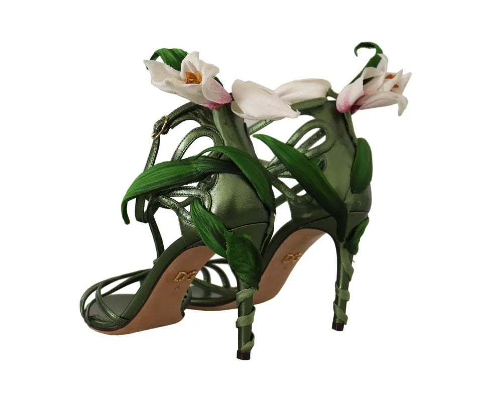 Dolce & Gabbana Acid Green Leather Strappy Flower Heels Sandals Shoes EU35/US4.5