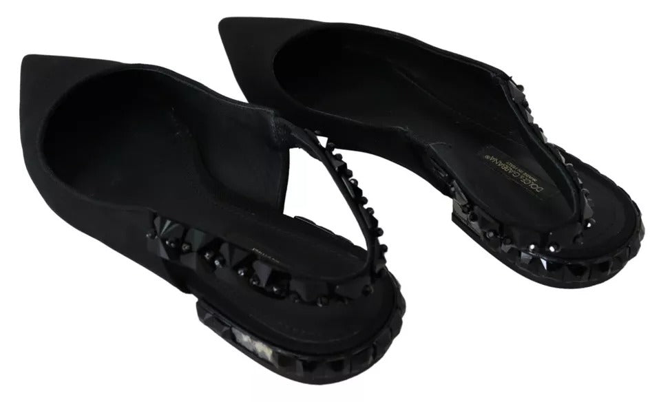 Dolce & Gabbana Black Flats Crystal Slingback Charmeuse Shoes EU37 / US6.5