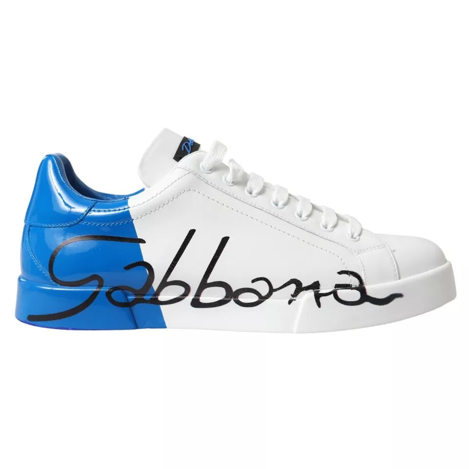 Dolce & Gabbana White Blue Leather Logo Low Top Sneakers Shoes EU39.5 / US6.5