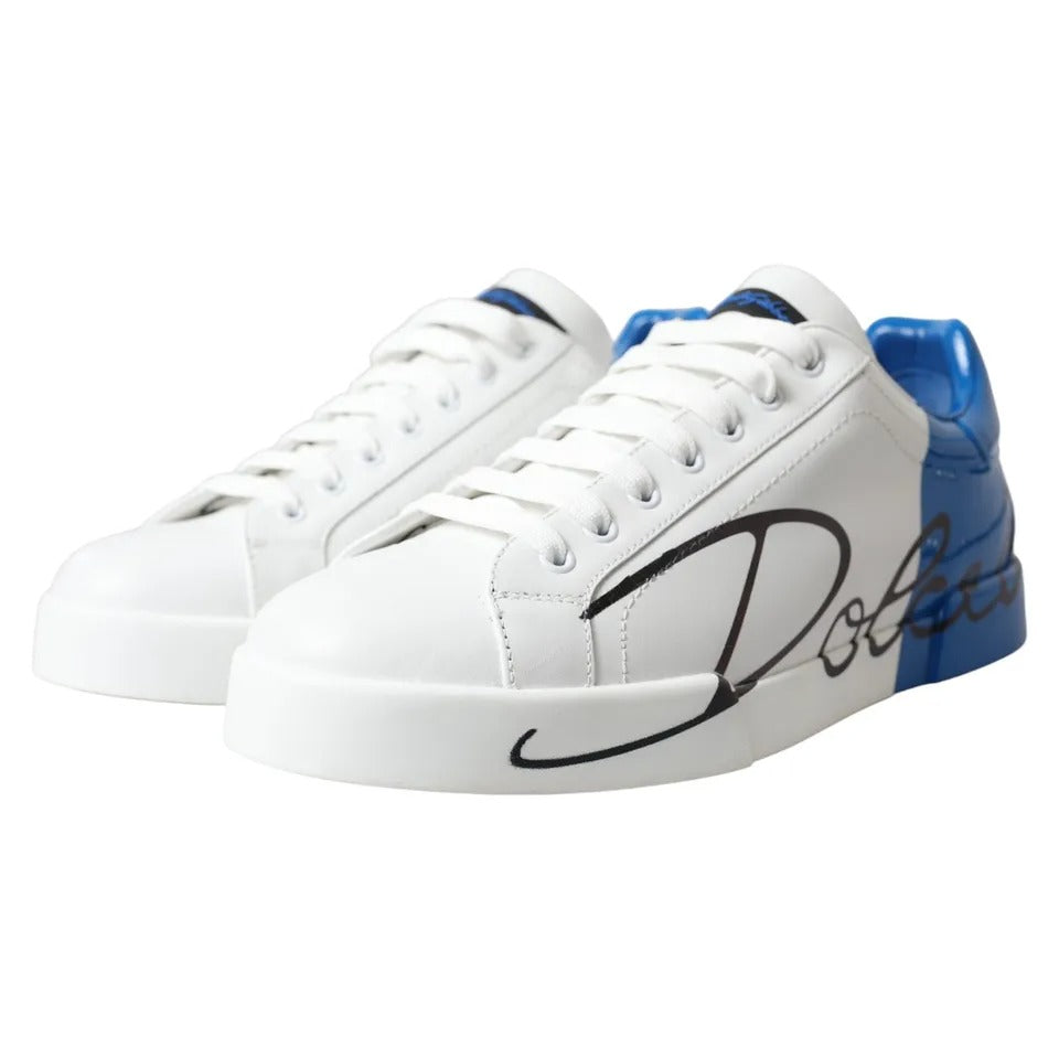 Dolce & Gabbana White Blue Leather Logo Low Top Sneakers Shoes EU39.5 / US6.5