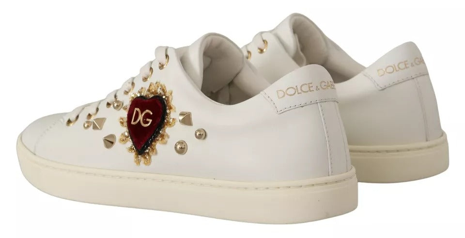 Dolce & Gabbana White Leather Gold Red Heart Sneakers Shoes EU35 / US4.5