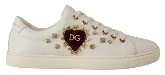 Dolce & Gabbana White Leather Gold Red Heart Sneakers Shoes EU35 / US4.5