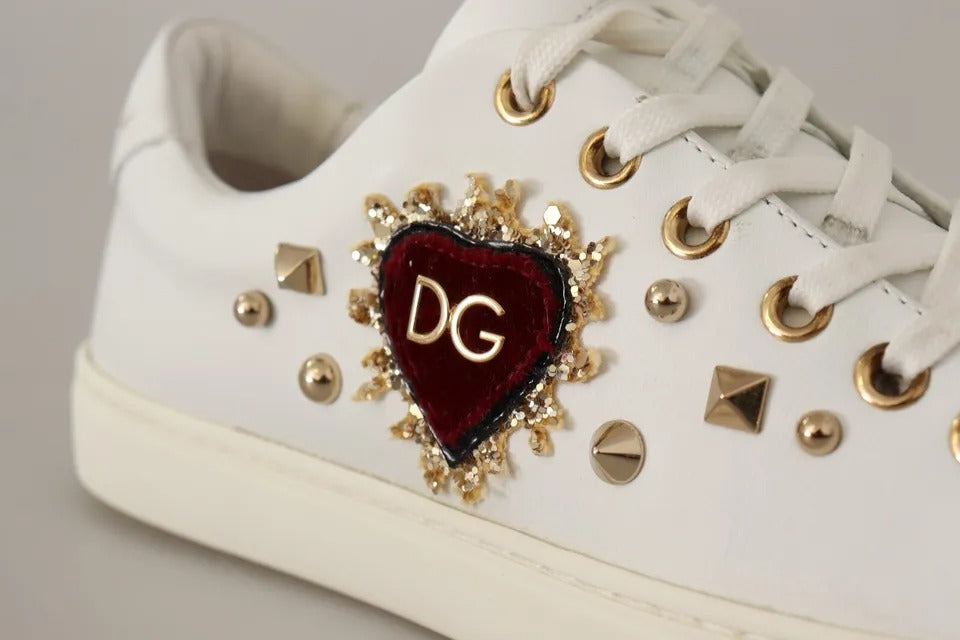 Dolce & Gabbana White Leather Gold Red Heart Sneakers Shoes EU35 / US4.5