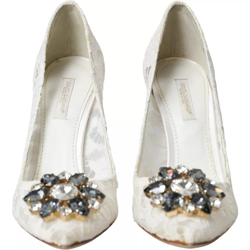 Dolce & Gabbana White Taormina Lace Crystal Heel Pumps Shoes EU37 / US6.5