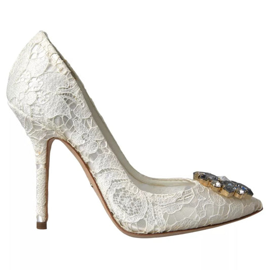 Dolce & Gabbana White Taormina Lace Crystal Heel Pumps Shoes EU37 / US6.5