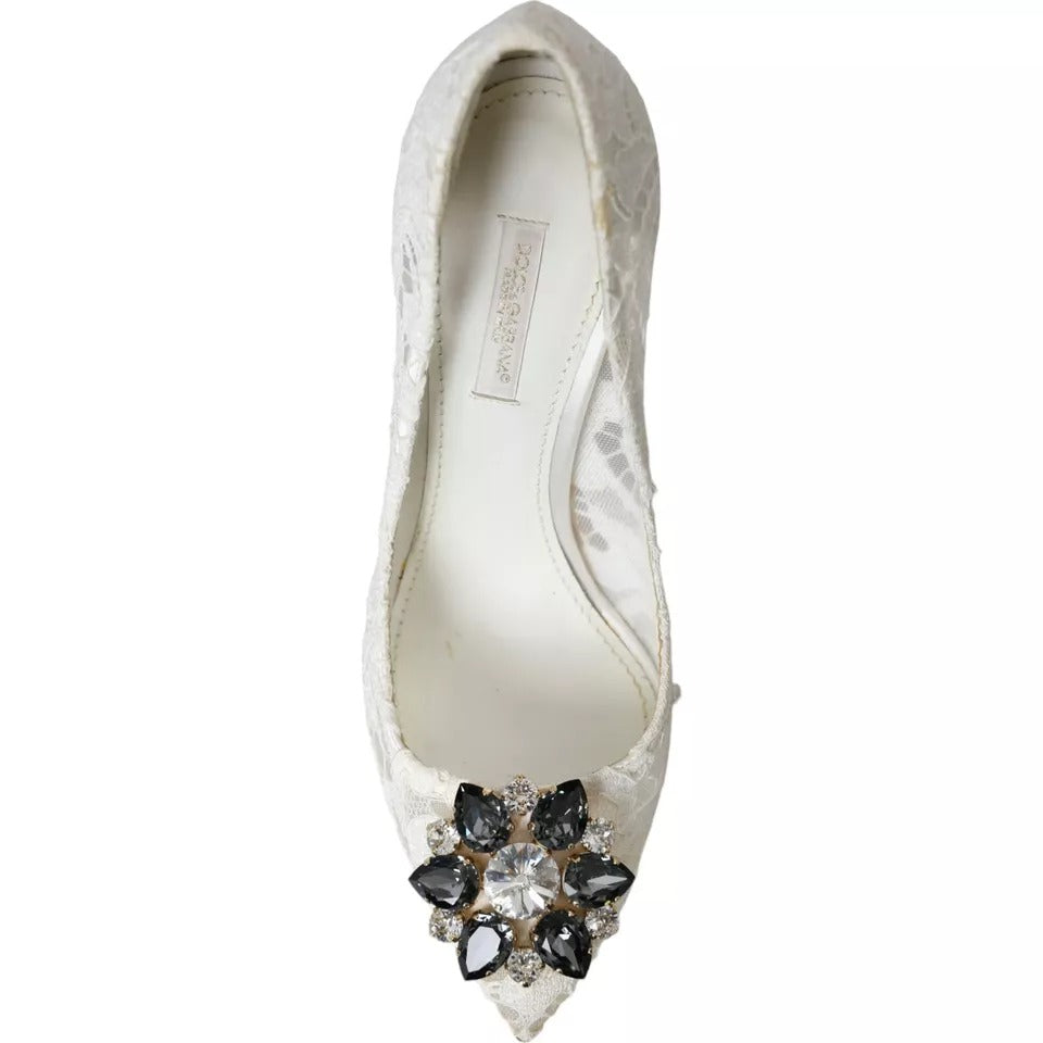 Dolce & Gabbana White Taormina Lace Crystal Heel Pumps Shoes EU37 / US6.5