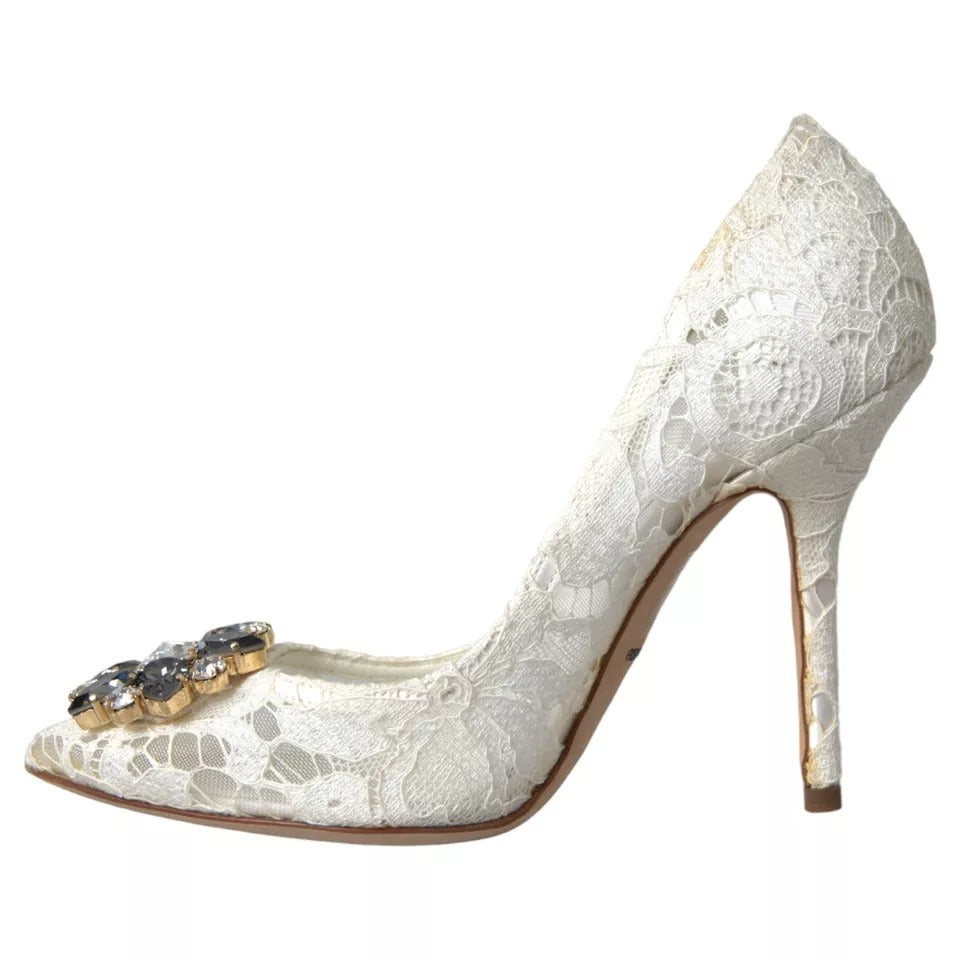 Dolce & Gabbana White Taormina Lace Crystal Heel Pumps Shoes EU37 / US6.5