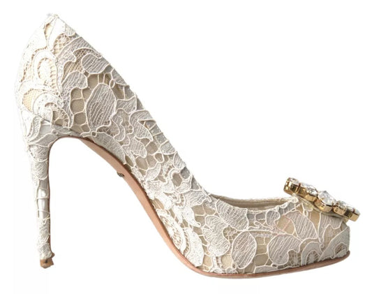 Dolce & Gabbana White Taormina Lace Crystal Heels Pumps Shoes EU37.5 / US7