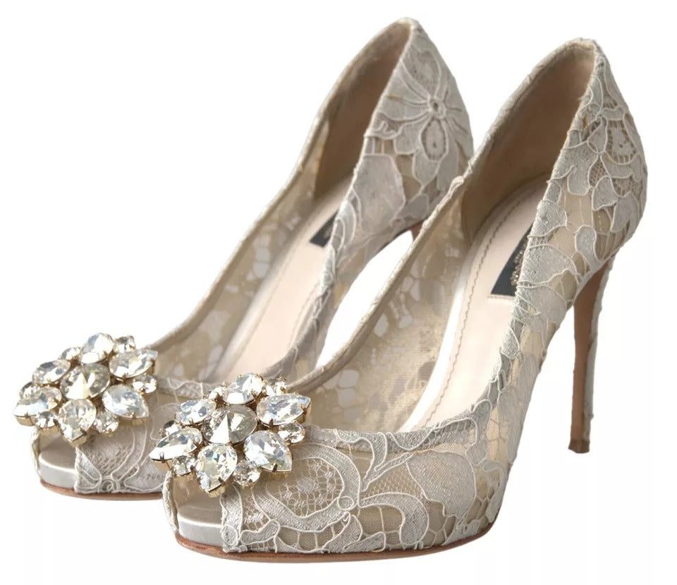 Dolce & Gabbana White Taormina Lace Crystal Heels Pumps Shoes EU37.5 / US7