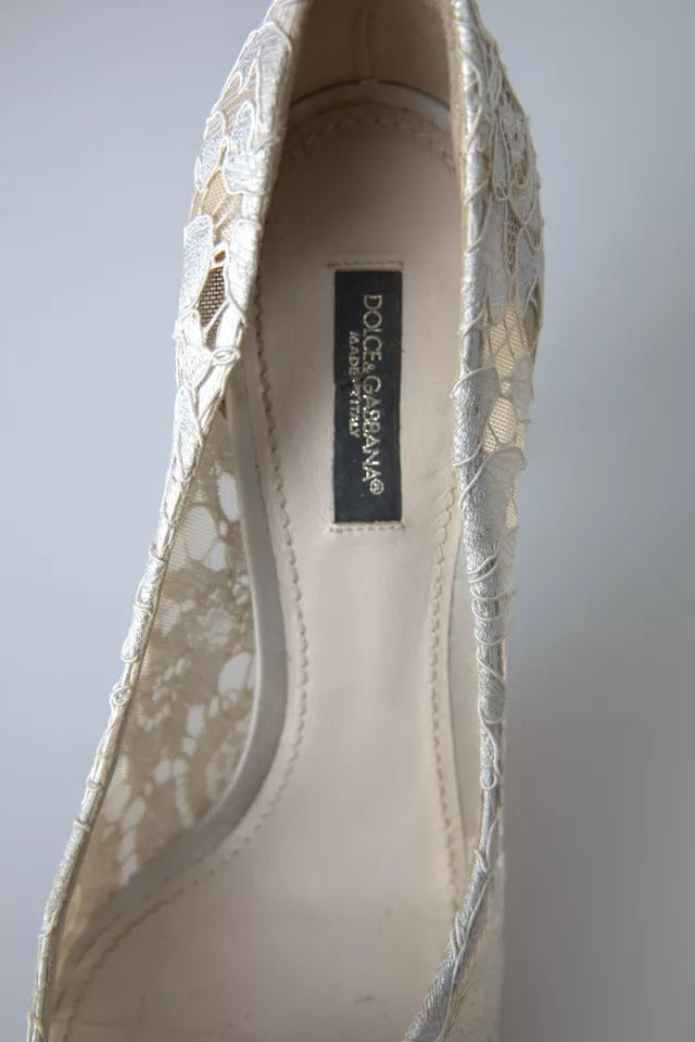 Dolce & Gabbana White Taormina Lace Crystal Heels Pumps Shoes EU37.5 / US7