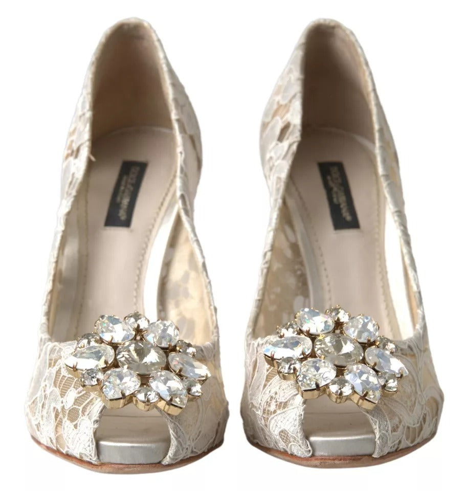 Dolce & Gabbana White Taormina Lace Crystal Heels Pumps Shoes EU37.5 / US7