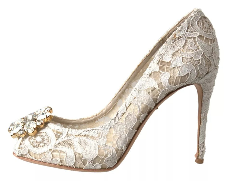 Dolce & Gabbana White Taormina Lace Crystal Heels Pumps Shoes EU37.5 / US7