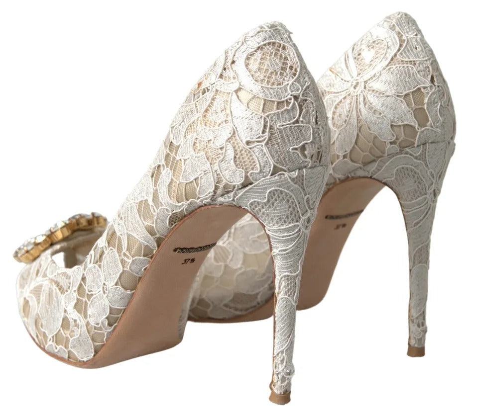 Dolce & Gabbana White Taormina Lace Crystal Heels Pumps Shoes EU37.5 / US7