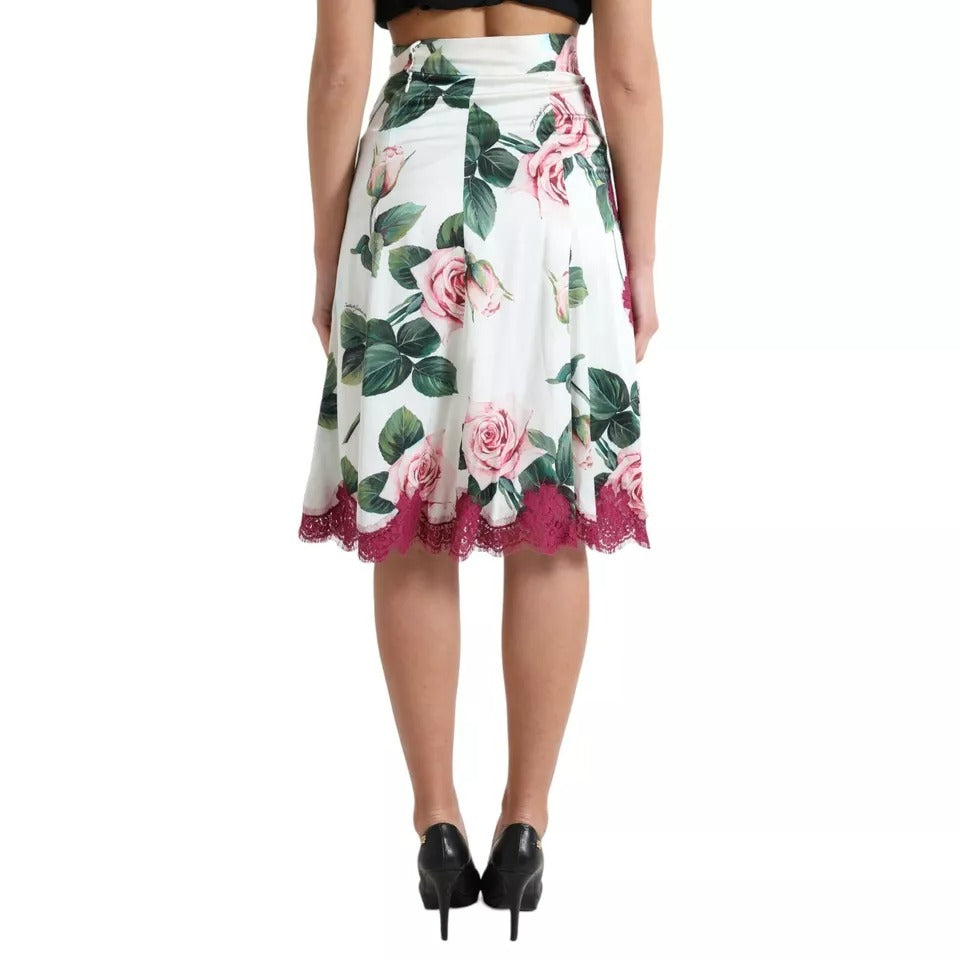 Dolce & Gabbana White Rose Print High Waist Midi A-line Skirt IT40 | S