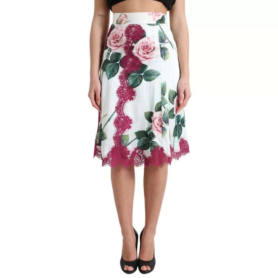 Dolce & Gabbana White Rose Print High Waist Midi A-line Skirt IT40 | S