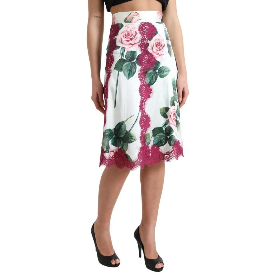 Dolce & Gabbana White Rose Print High Waist Midi A-line Skirt IT40 | S