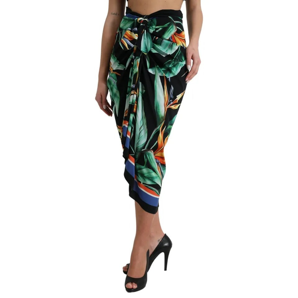 Dolce & Gabbana Black Strelitzia High Waist Wrap Midi Skirt IT44 / L