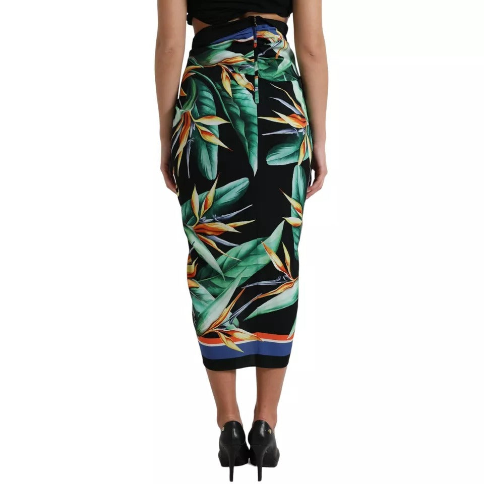 Dolce & Gabbana Black Strelitzia High Waist Wrap Midi Skirt IT44 / L