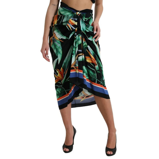 Dolce & Gabbana Black Strelitzia High Waist Wrap Midi Skirt IT44 / L