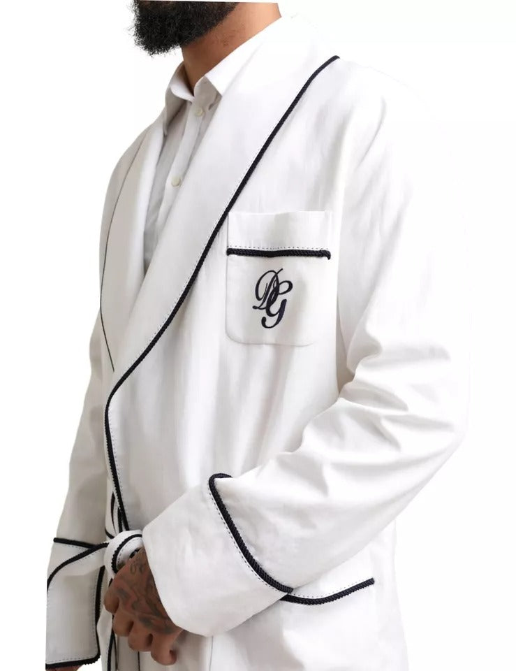 Dolce & Gabbana White Linen Belted Robe DG Logo Sleepwear IT48 / M