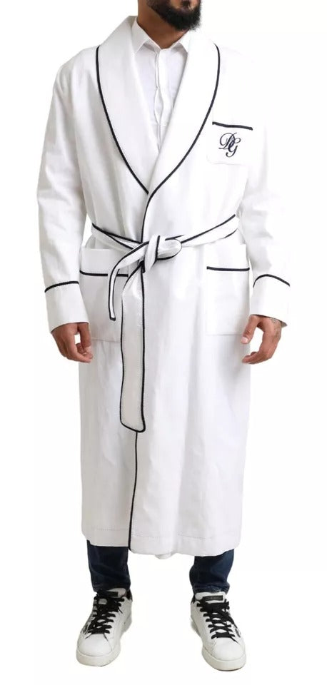 Dolce & Gabbana White Linen Belted Robe DG Logo Sleepwear IT48 / M