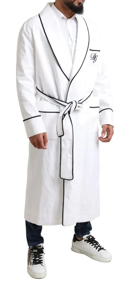 Dolce & Gabbana White Linen Belted Robe DG Logo Sleepwear IT48 / M