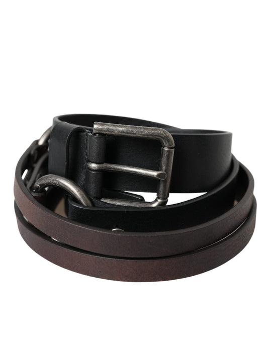 Dolce & Gabbana Black Brown Leather Silver Metal Buckle Belt  100 CM / 40 INCH