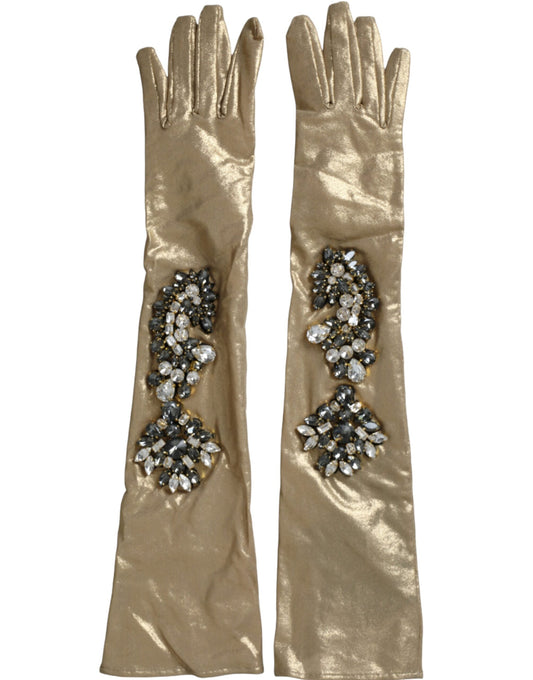 Dolce & Gabbana Beige Satin Crystal Elbow Length Gloves 6.5 / XS