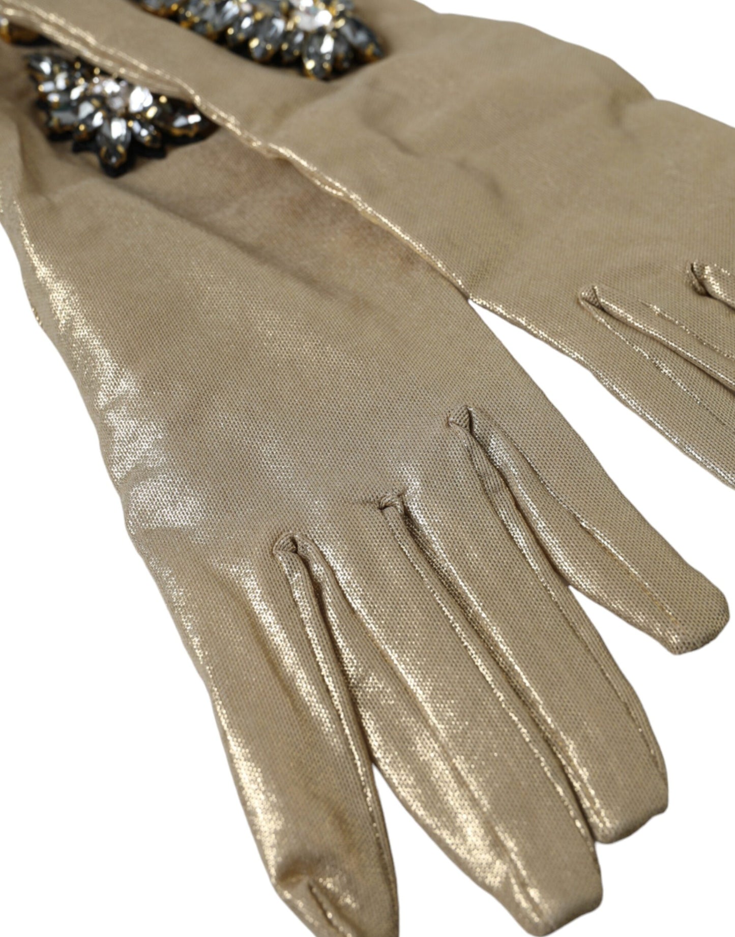 Dolce & Gabbana Beige Satin Crystal Elbow Length Gloves 6.5 / XS