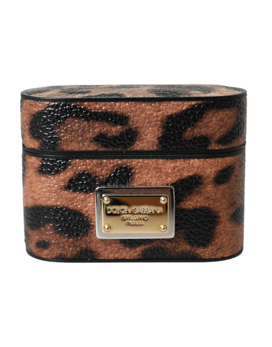 Dolce & Gabbana Brown Leopard Calf Leather Logo Plaque Airpods Case