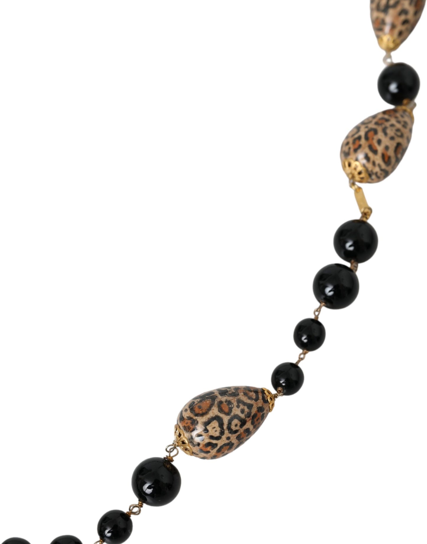 Dolce & Gabbana Gold Tone Brass Black Printed Beaded Long Chain Necklace