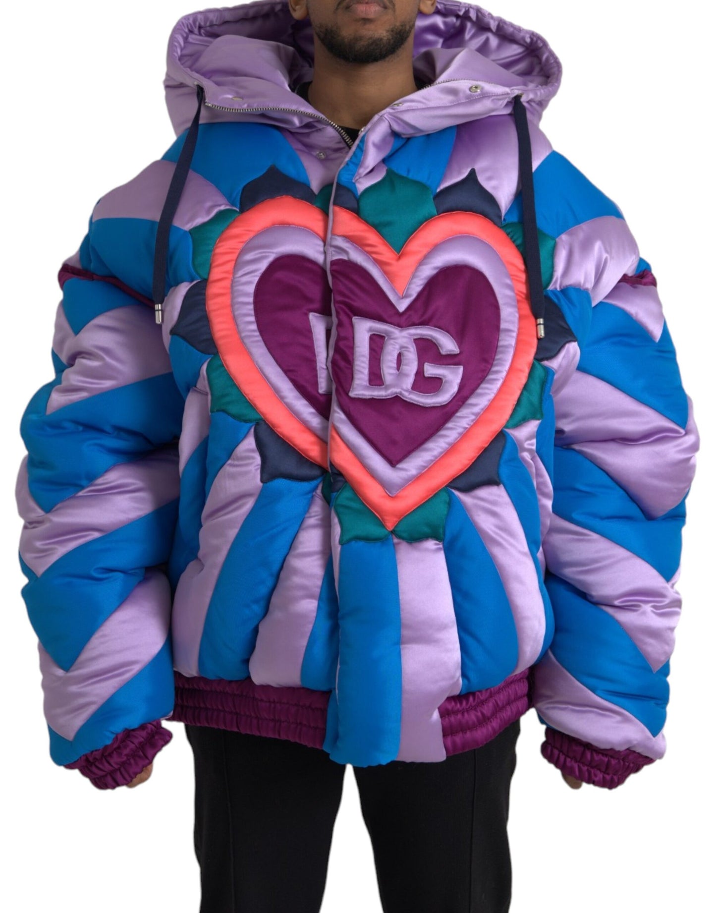 Dolce & Gabbana Multicolor Heart Logo Hooded Puffer Jacket IT52 / XL