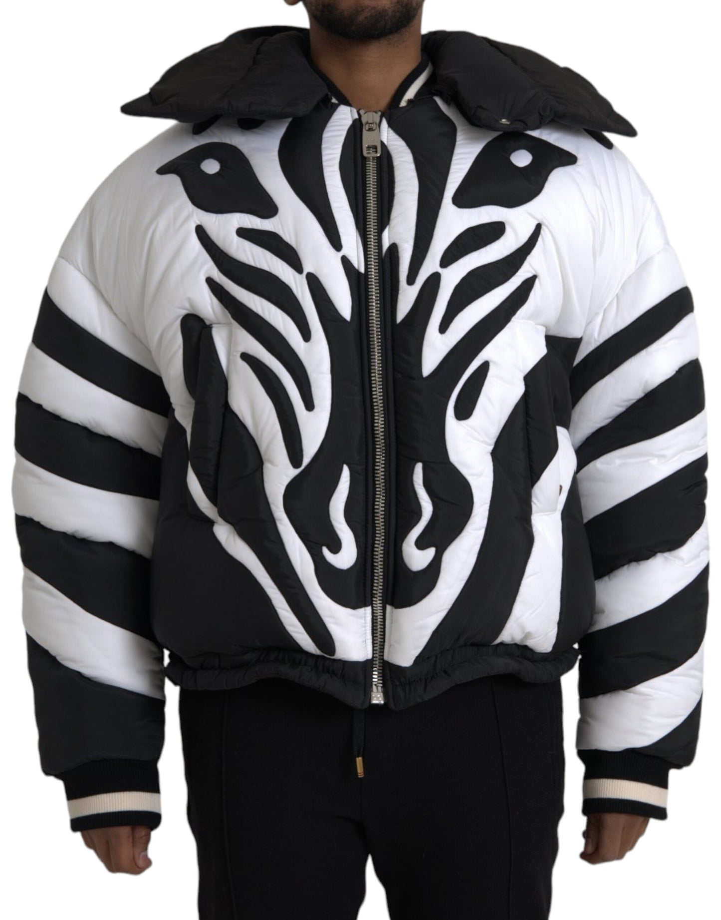 Dolce & Gabbana Black White Stripes Hooded Puffer Jacket IT52 / XL