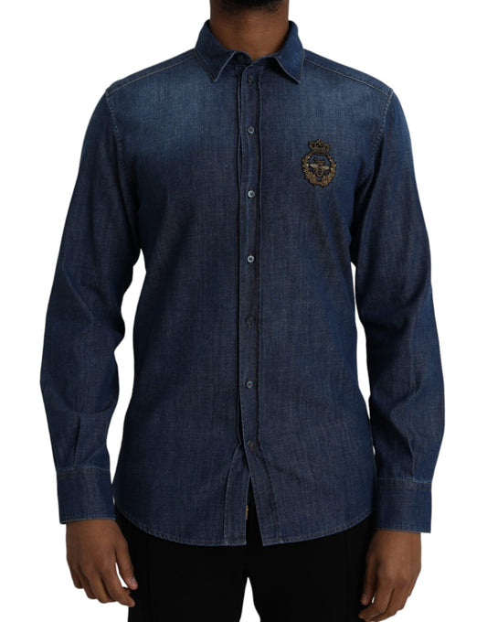 Dolce & Gabbana Blue Crown Bee Cotton Denim GOLD Shirt IT40 / M