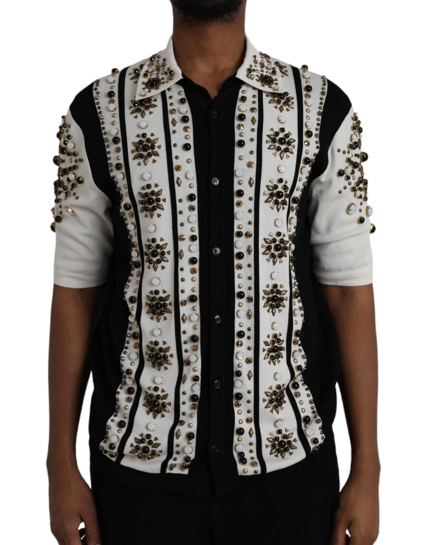 Dolce & Gabbana White Black Silk Studded Stone Crystal Shirt IT50 / L