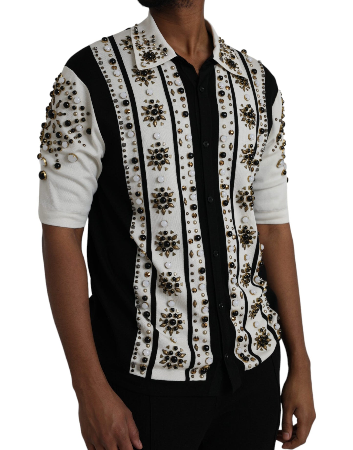 Dolce & Gabbana White Black Silk Studded Stone Crystal Shirt IT50 / L