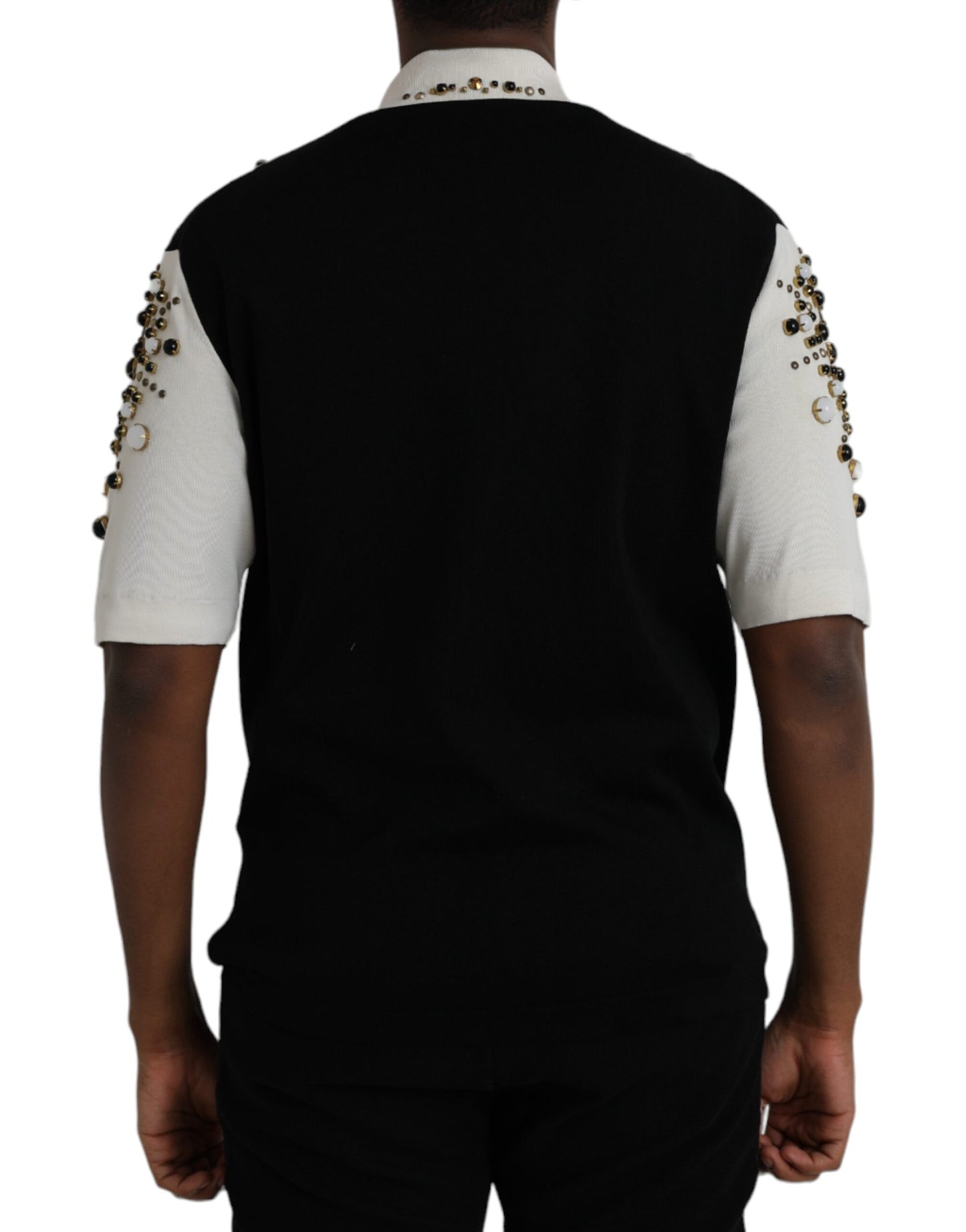 Dolce & Gabbana White Black Silk Studded Stone Crystal Shirt IT50 / L